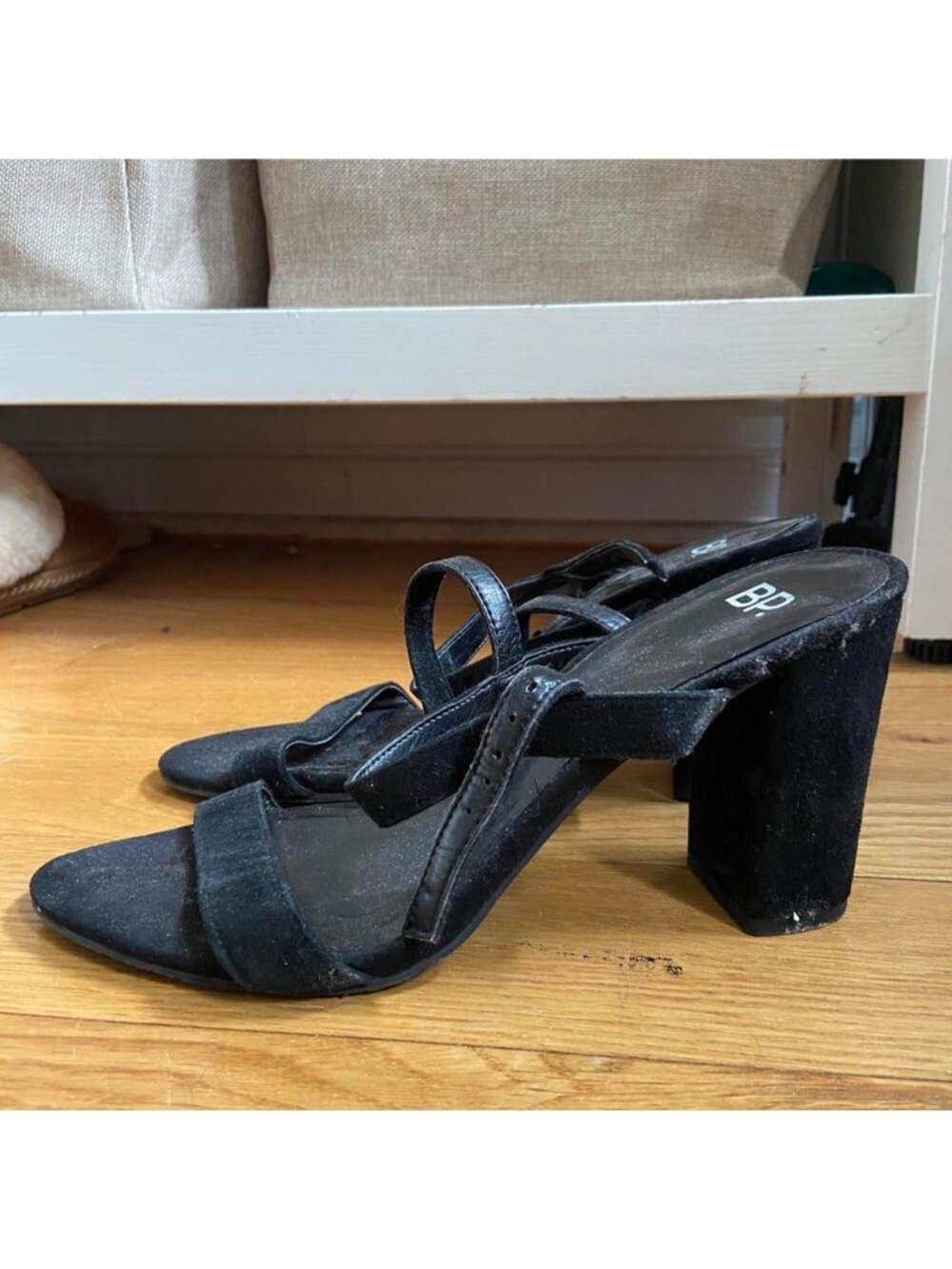 Black leather or similar strappy heels with buckle detail. US6.5/EU37